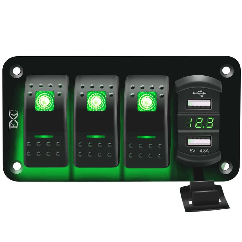 FXC 12V 24V DC 3 Gang Rocker Switch Aluminum Panel with Voltmeter & Dual USB(4.8 A) Fast Charging, Green Backlit Led, Pre-Wired Waterproof for Marine, Boat, Car, Truck, Polaris, Jeep (Green) - Image 1